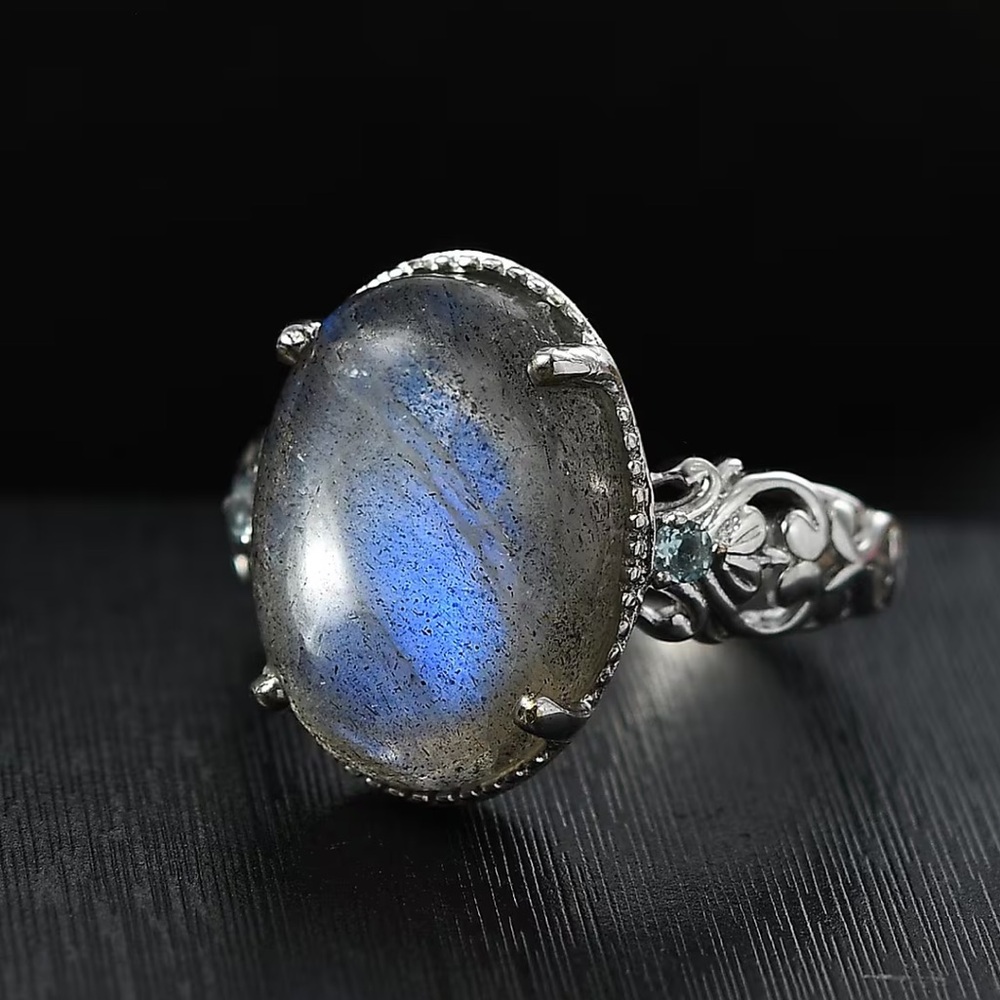 Nwt Km Labradorite Blue Topaz 1065 Ctw Natural Gemstone Ring Platinum Bond S7 25$